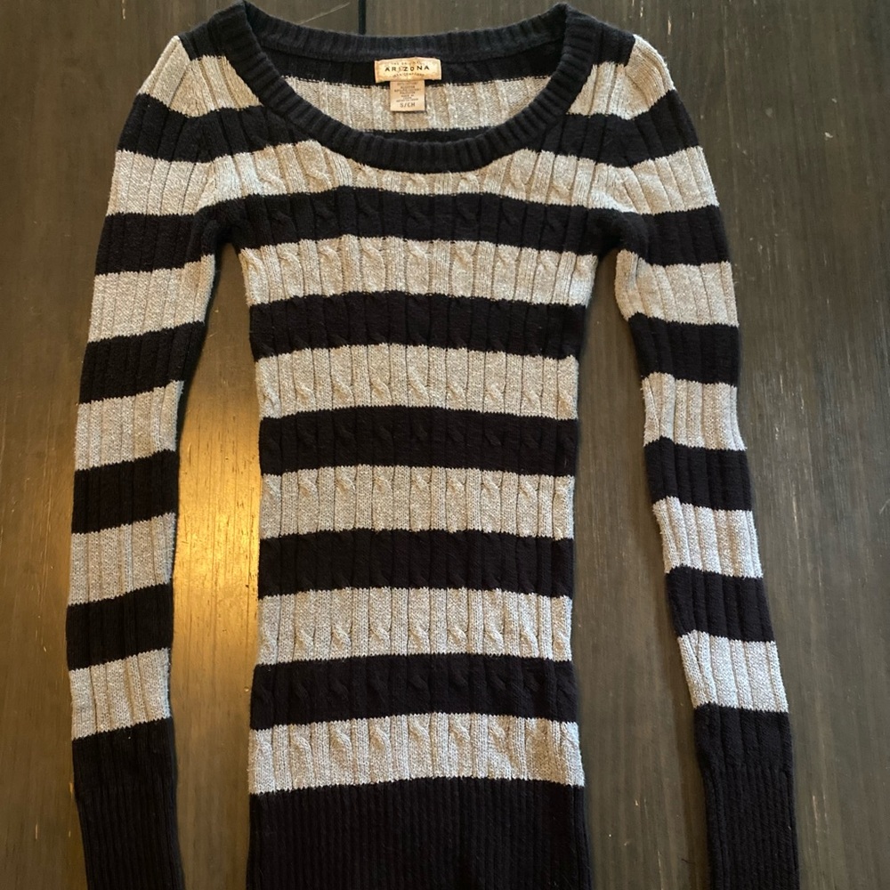 Arizona Jean Company Black and Cream Striped Crew Neck Sweater